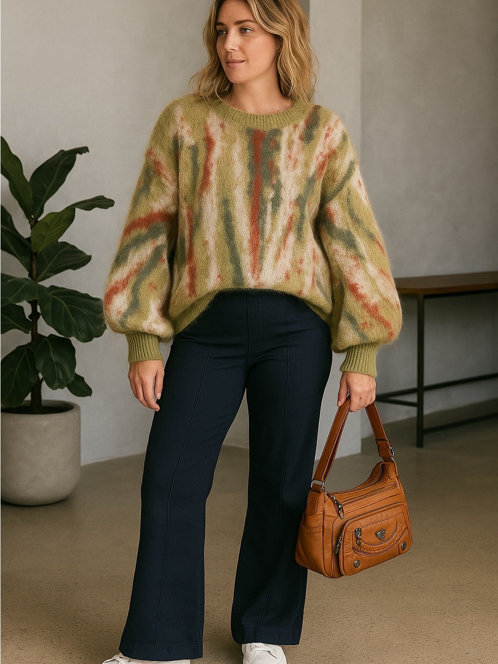 NWT POL Olive Multi-Stripe Mohair Balloon-Sleeve Crewneck Sweater